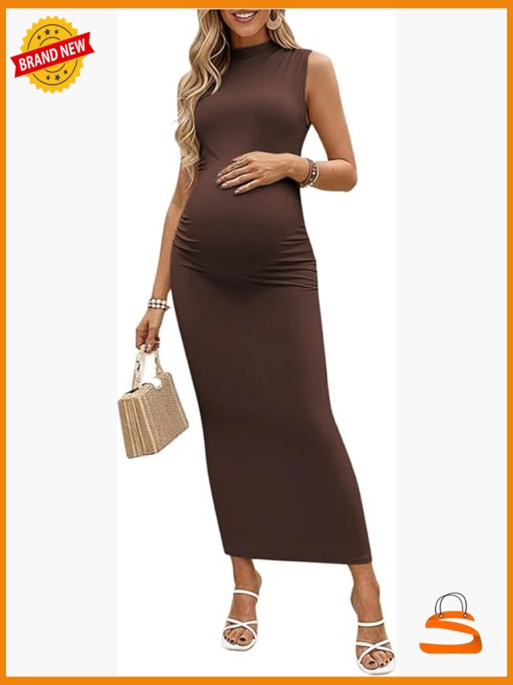 Maternity Mock Neck Sleeveless Ruched Bodycon Maxi Dress for Photoshoot